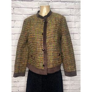 Talbots Womens Brown Multicolor Weave Velvet Trim Tweed Blazer Size 16 Petite